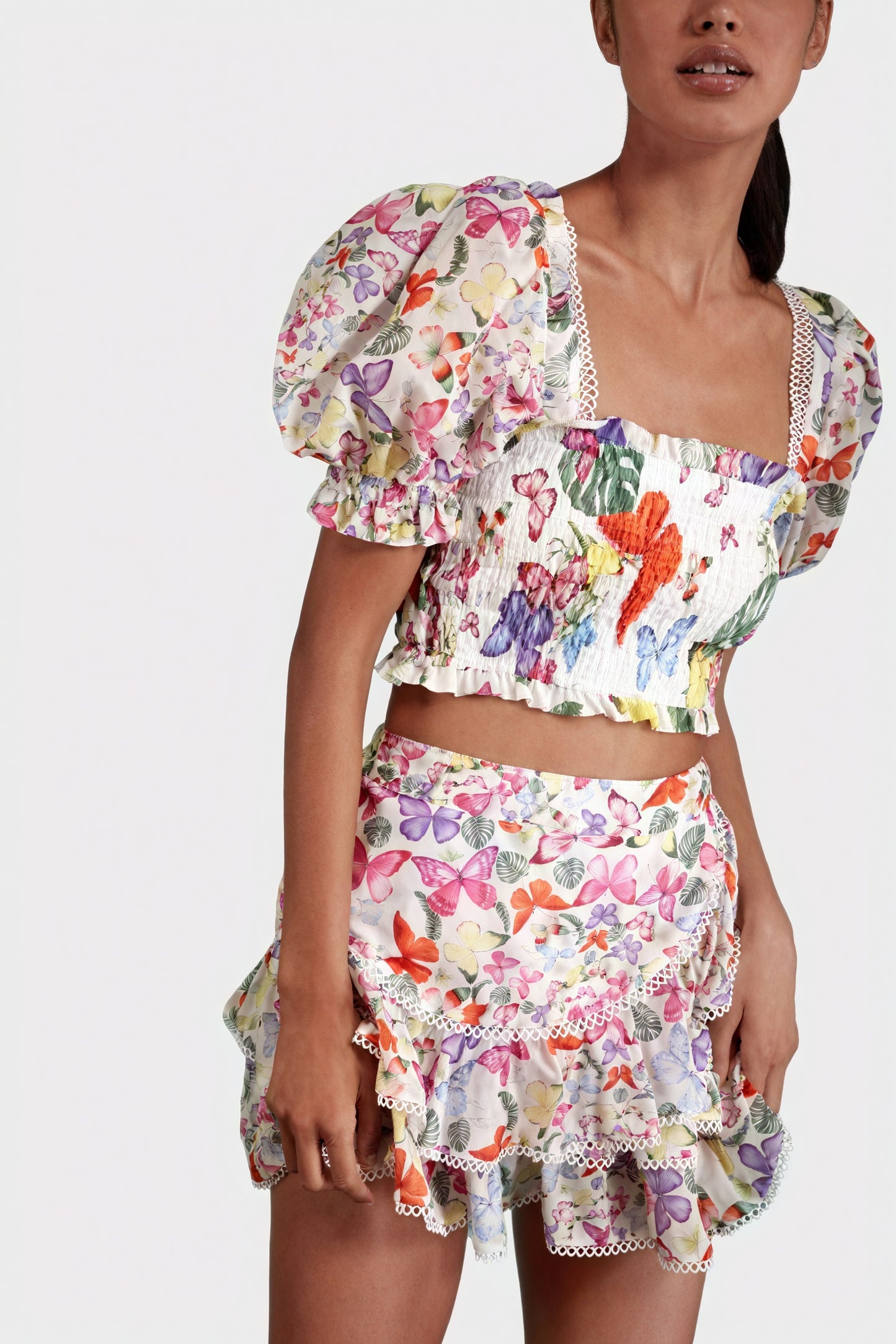 Women's Yellow Floral Cotton Blend Smocked Crop Top & Tiered Ruffled Skirt Set-80924-cfd84399-1640-458e-8e45-ce171de6db69