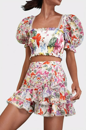 Women's Yellow Floral Cotton Blend Smocked Crop Top & Tiered Ruffled Skirt Set-80924-373670db-ebc9-40eb-a441-b59aa1a4c841