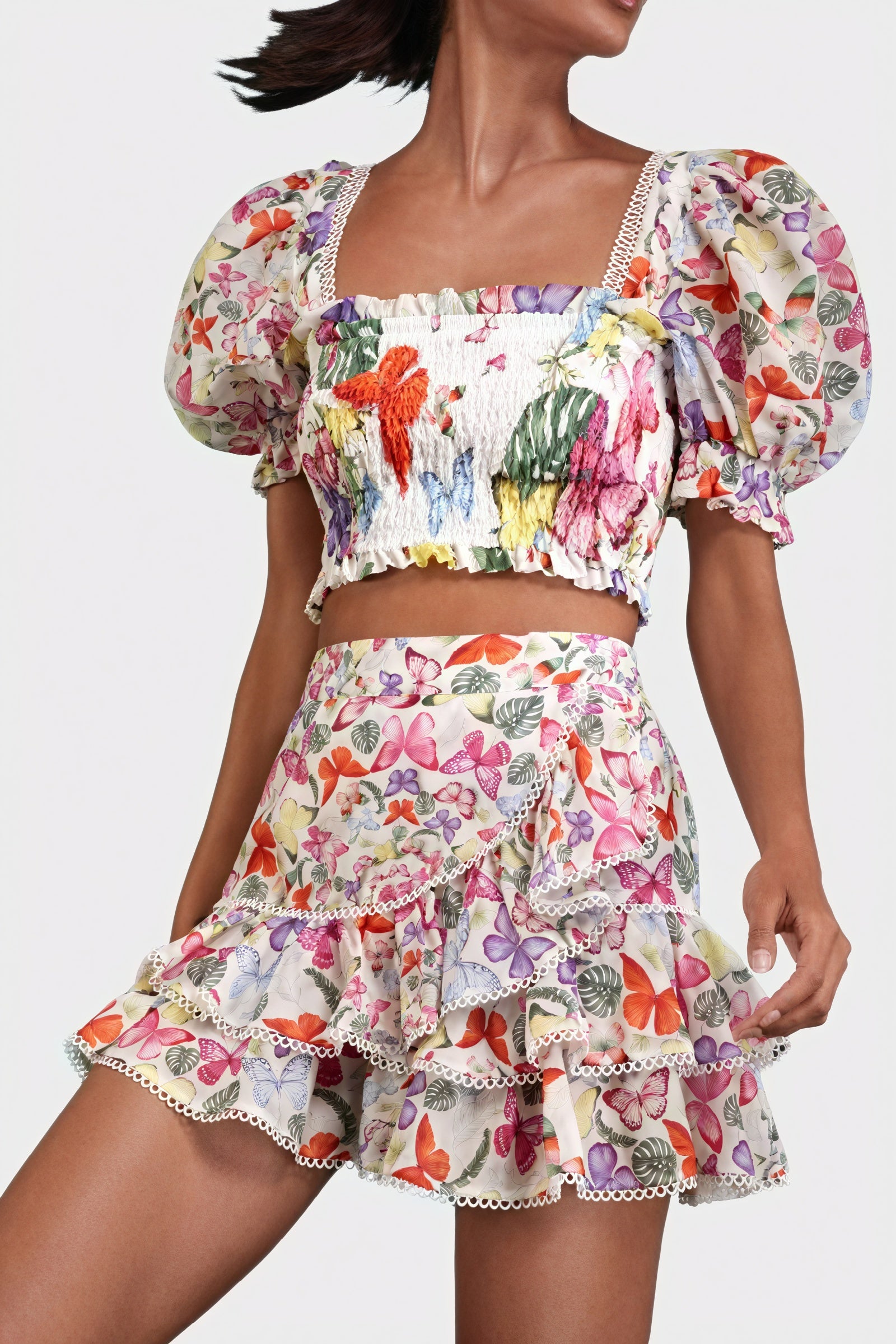 Women's Yellow Floral Cotton Blend Smocked Crop Top & Tiered Ruffled Skirt Set-80924-373670db-ebc9-40eb-a441-b59aa1a4c841