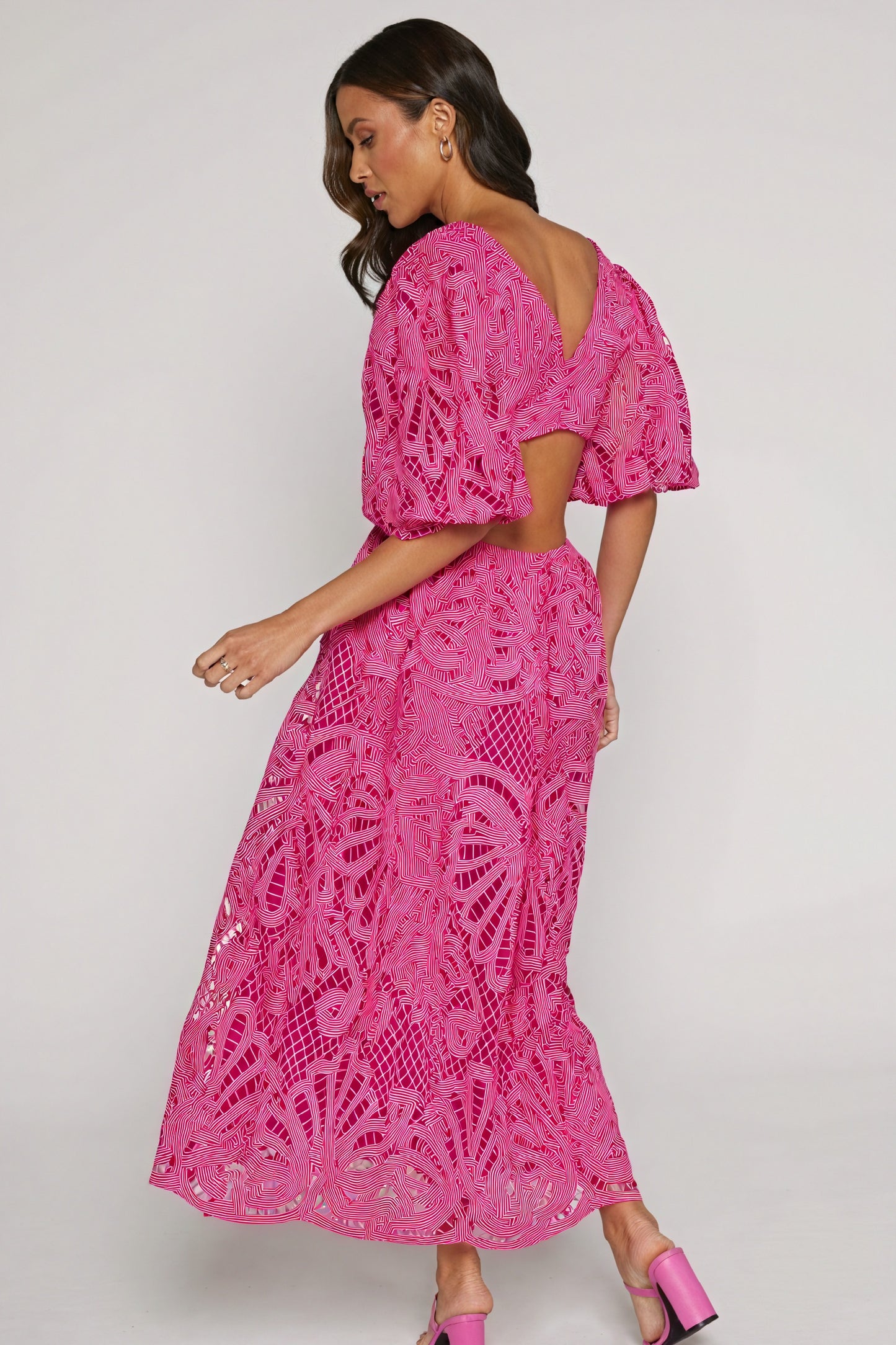 Women's Midi Dress – Pink Lace, Plunge V-Neck, Puffed Sleeves, Cut-Out Details-80926-91dc0c18-ea69-436d-a994-c521d08b462a
