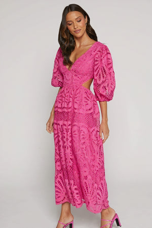 Women's Midi Dress – Pink Lace, Plunge V-Neck, Puffed Sleeves, Cut-Out Details-80926-ce487de2-1b6b-4108-a8c3-608ec6ef53d6