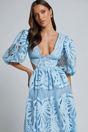 Women's Midi Dress – Pink Lace, Plunge V-Neck, Puffed Sleeves, Cut-Out Details-80926-1b19ce59-b09d-4b87-9806-1b79cd66375a
