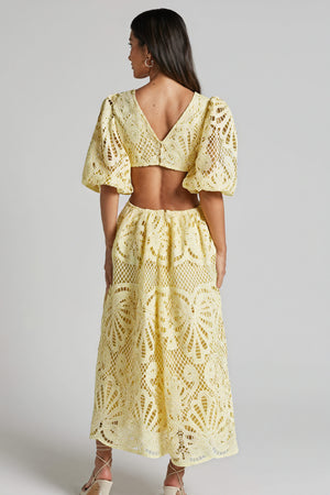 Women's Midi Dress – Pink Lace, Plunge V-Neck, Puffed Sleeves, Cut-Out Details-80926-70df3ffc-7e91-405d-a7ed-6d619d89e3e1
