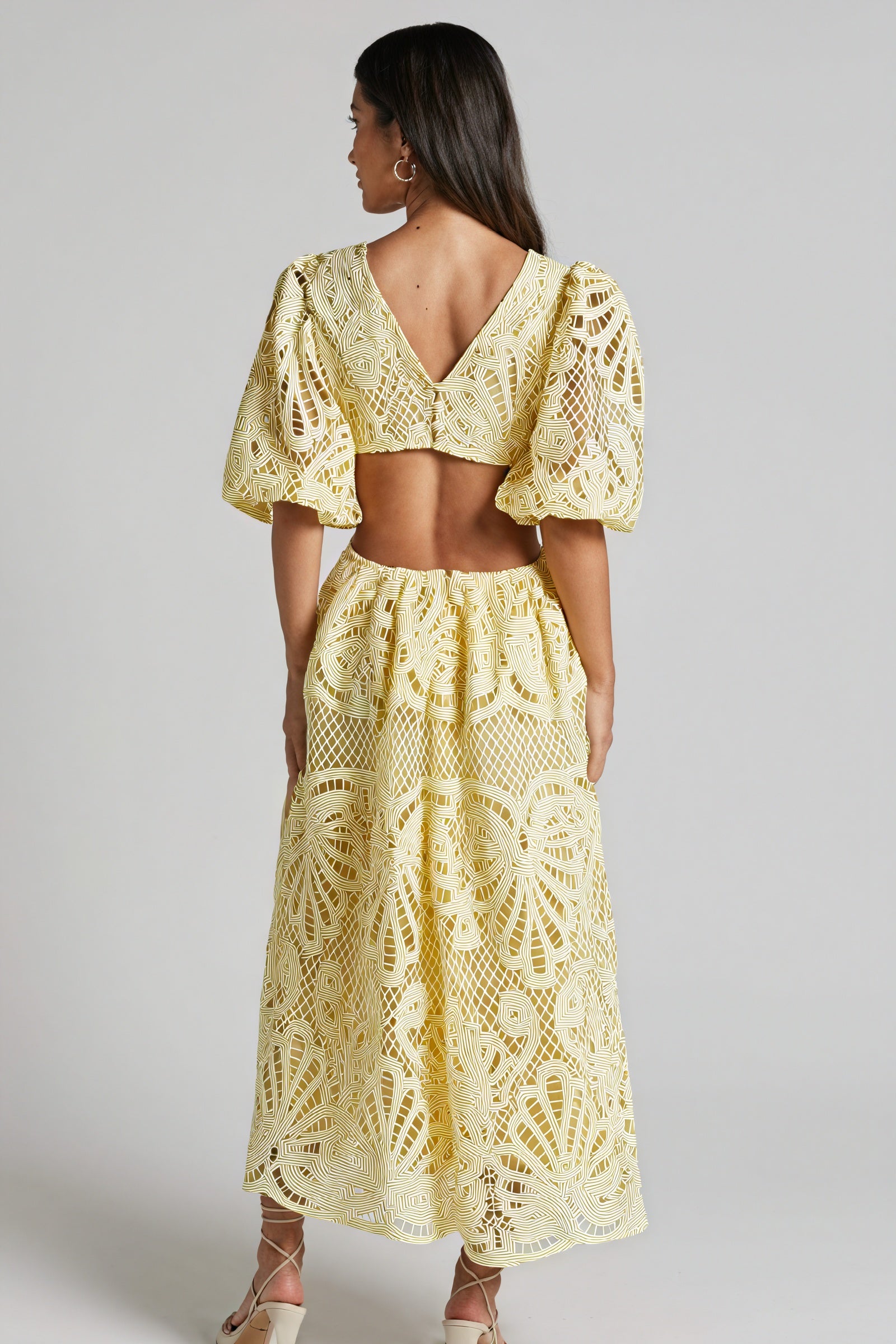 Women's Midi Dress – Pink Lace, Plunge V-Neck, Puffed Sleeves, Cut-Out Details-80926-70df3ffc-7e91-405d-a7ed-6d619d89e3e1