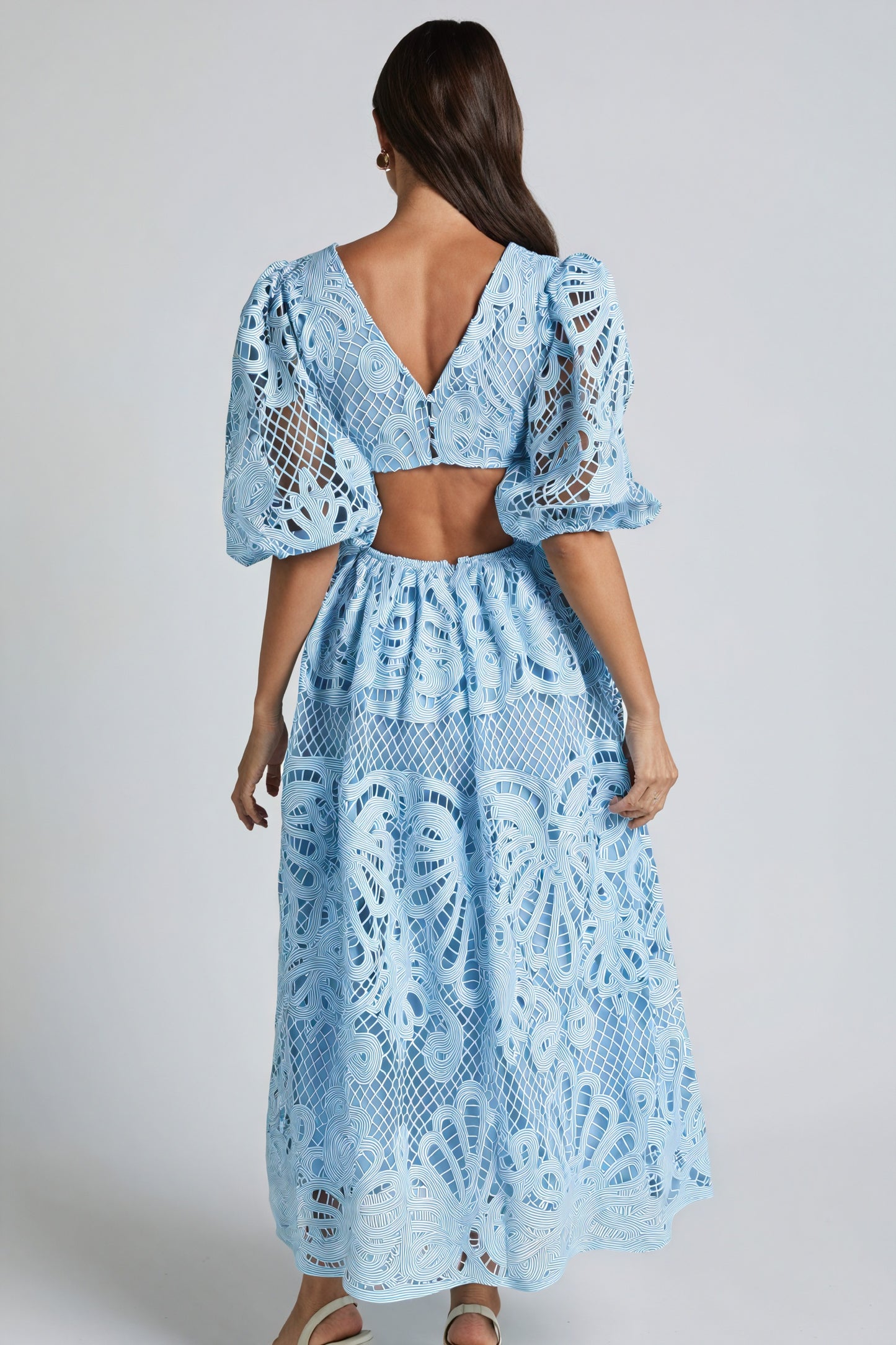 Women's Midi Dress – Pink Lace, Plunge V-Neck, Puffed Sleeves, Cut-Out Details-80926-2520b6d7-fe0e-42b6-9f7e-06eeaf3abe8b