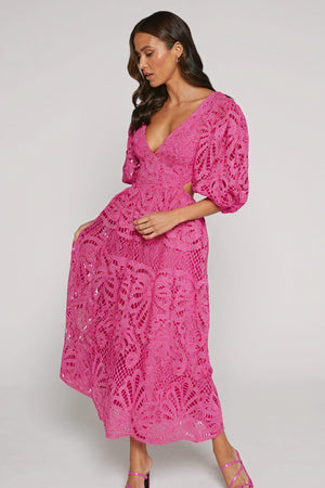 Women's Midi Dress – Pink Lace, Plunge V-Neck, Puffed Sleeves, Cut-Out Details-80926-79357e11-6e69-4488-ace6-dbd4c8974935