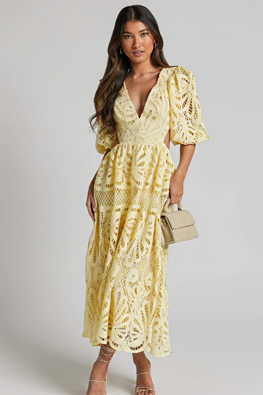 Women's Midi Dress – Pink Lace, Plunge V-Neck, Puffed Sleeves, Cut-Out Details-80926-13553e2d-b183-422d-884e-2f55b0eed52c