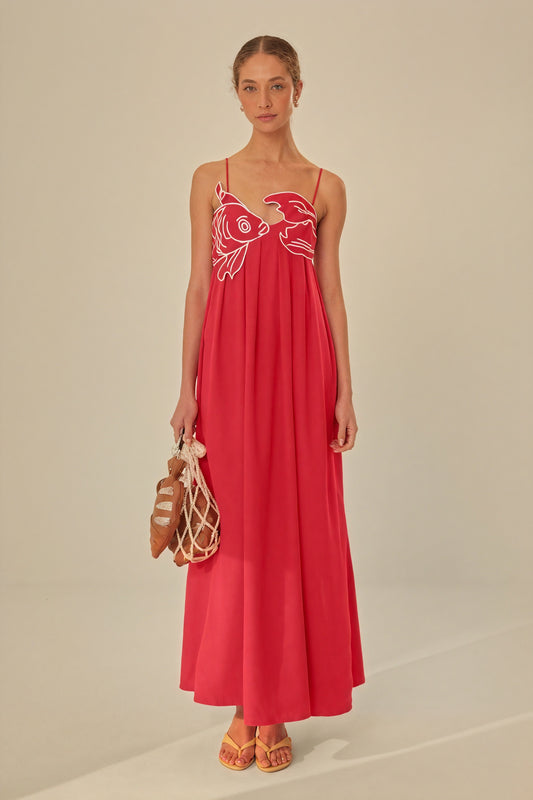 Women's Red Maxi Dress – Floor-Length, Fish Applique, Spaghetti Straps, Bohemian Style-80958-8ec1ef6c-4e40-4b02-a713-dbc5289b194e