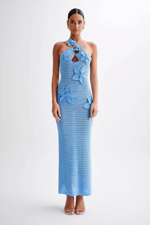 Women's Floor-Length Halter Dress – Crochet Open-Weave, Floral Appliqués, Bohemian Elegant-80963-98e0bd0d-8568-4707-b540-a082a3d28aad