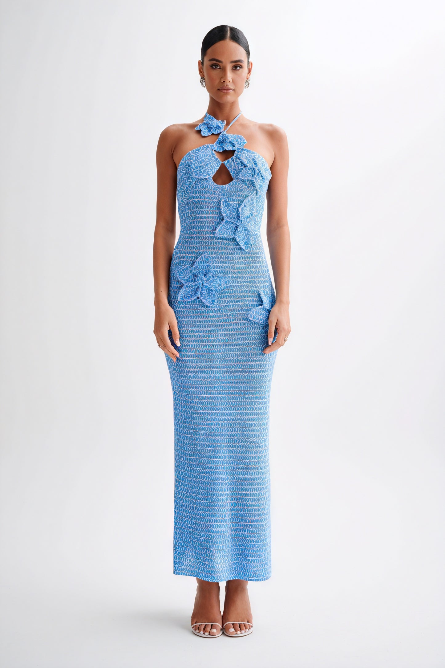 Women's Floor-Length Halter Dress – Crochet Open-Weave, Floral Appliqués, Bohemian Elegant-80963-98e0bd0d-8568-4707-b540-a082a3d28aad