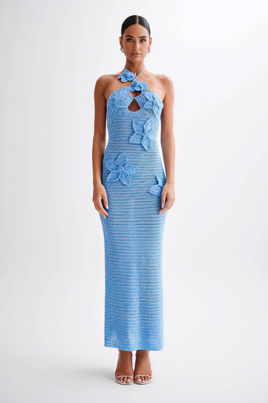 Women's Floor-Length Halter Dress – Crochet Open-Weave, Floral Appliqués, Bohemian Elegant-80963-98e0bd0d-8568-4707-b540-a082a3d28aad