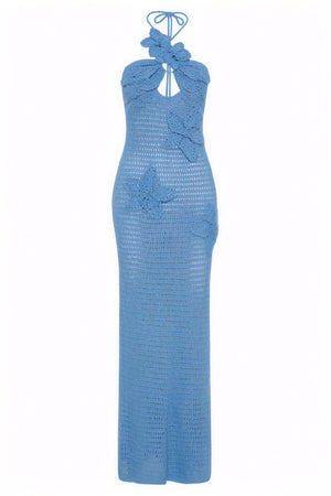 Women's Floor-Length Halter Dress – Crochet Open-Weave, Floral Appliqués, Bohemian Elegant-80963-b8955f5f-2cd5-4c71-b59f-d20c0c962826