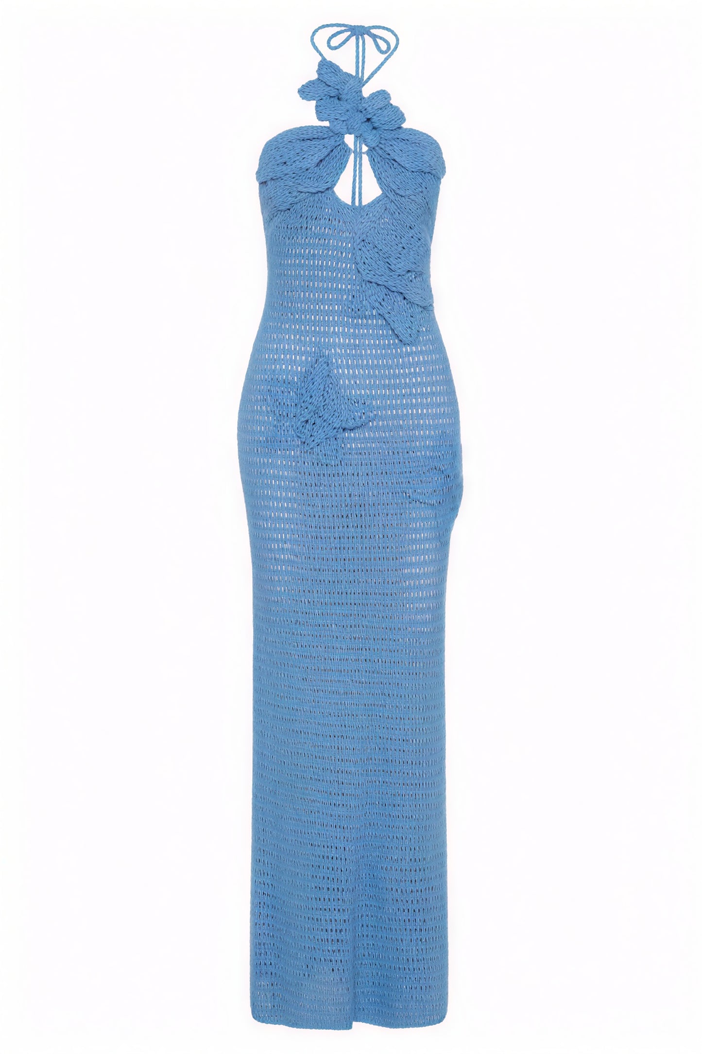 Women's Floor-Length Halter Dress – Crochet Open-Weave, Floral Appliqués, Bohemian Elegant-80963-b8955f5f-2cd5-4c71-b59f-d20c0c962826