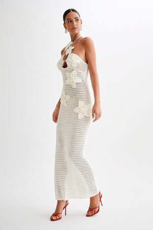 Women's Floor-Length Halter Dress – Crochet Open-Weave, Floral Appliqués, Bohemian Elegant-80963-0da5e635-4028-4fe8-8cc6-c965179a53e4
