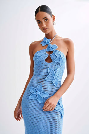 Women's Floor-Length Halter Dress – Crochet Open-Weave, Floral Appliqués, Bohemian Elegant-80963-d3a9c870-74cf-41f6-96fb-48d8d118b522