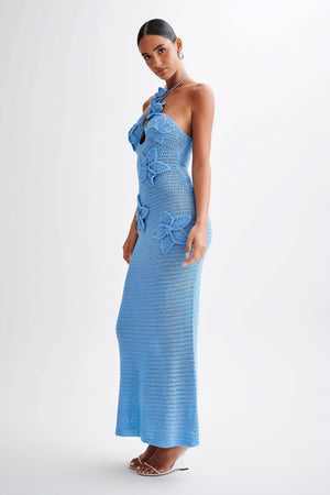 Women's Floor-Length Halter Dress – Crochet Open-Weave, Floral Appliqués, Bohemian Elegant-80963-3026d47b-9685-487f-b7d5-b101adeb847d