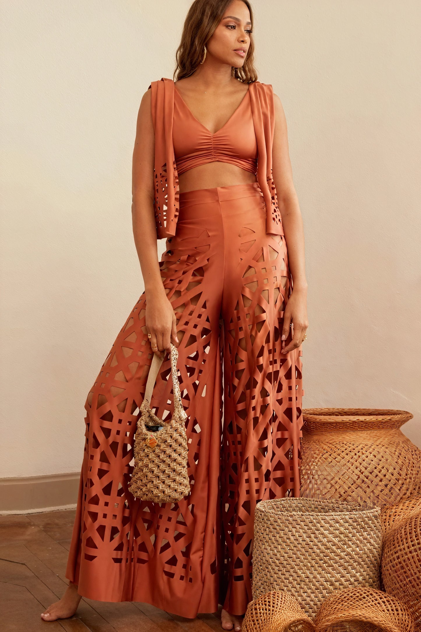 Women's Two-Piece Outfit – Laser-Cut Geometric Wide-Leg, Lightweight Fabric, Bohemian Chic-80968-a61e5606-5043-4e9d-99c0-2c994a67c28a