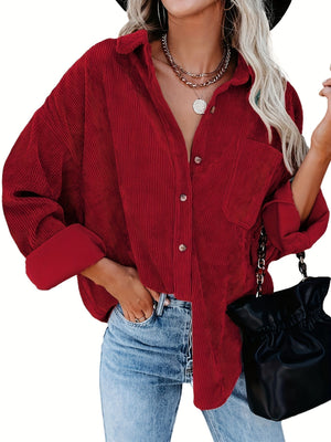 Women's Corduroy Button-Down Shirt-Jacket – Relaxed Fit, Chest Pocket, Beige, Brown, Pink, Black, Red, Teal-81390-80b0ad09-117b-4b17-8ab0-96550876fa94