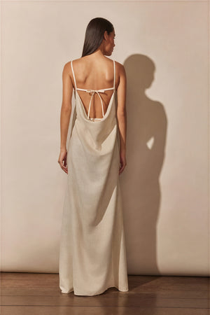 Women's Off-White Linen Blend Maxi Dress – Floral Bust, Keyhole, High Slit, Bohemian-81009-3b06cbf8-8754-489b-9596-336ce0518017