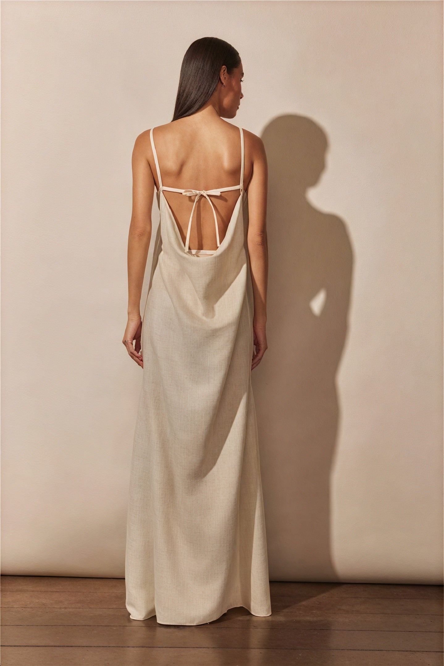 Women's Off-White Linen Blend Maxi Dress – Floral Bust, Keyhole, High Slit, Bohemian-81009-3b06cbf8-8754-489b-9596-336ce0518017