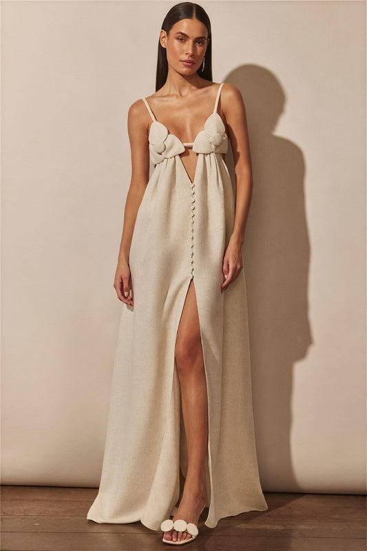 Women's Off-White Linen Blend Maxi Dress – Floral Bust, Keyhole, High Slit, Bohemian-81009-de5cbf90-57d0-4710-9c99-86987e951e3d