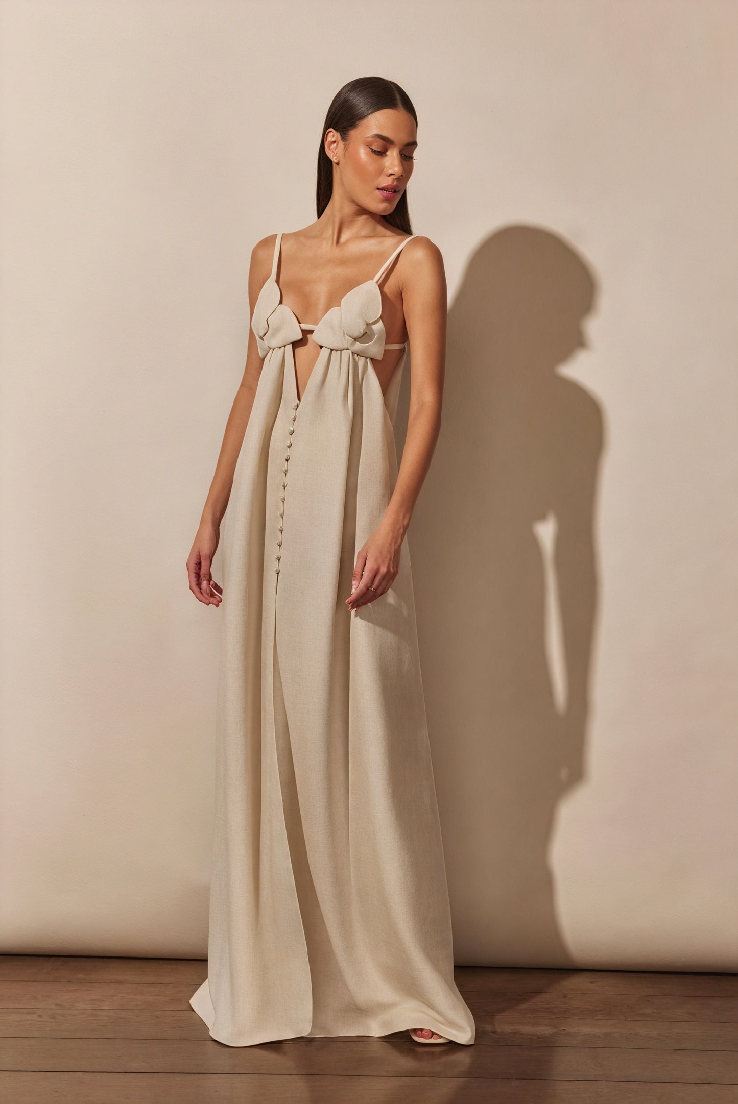 Women's Off-White Linen Blend Maxi Dress – Floral Bust, Keyhole, High Slit, Bohemian-81009-79453040-a5de-49ad-abb8-7f9752d67d97
