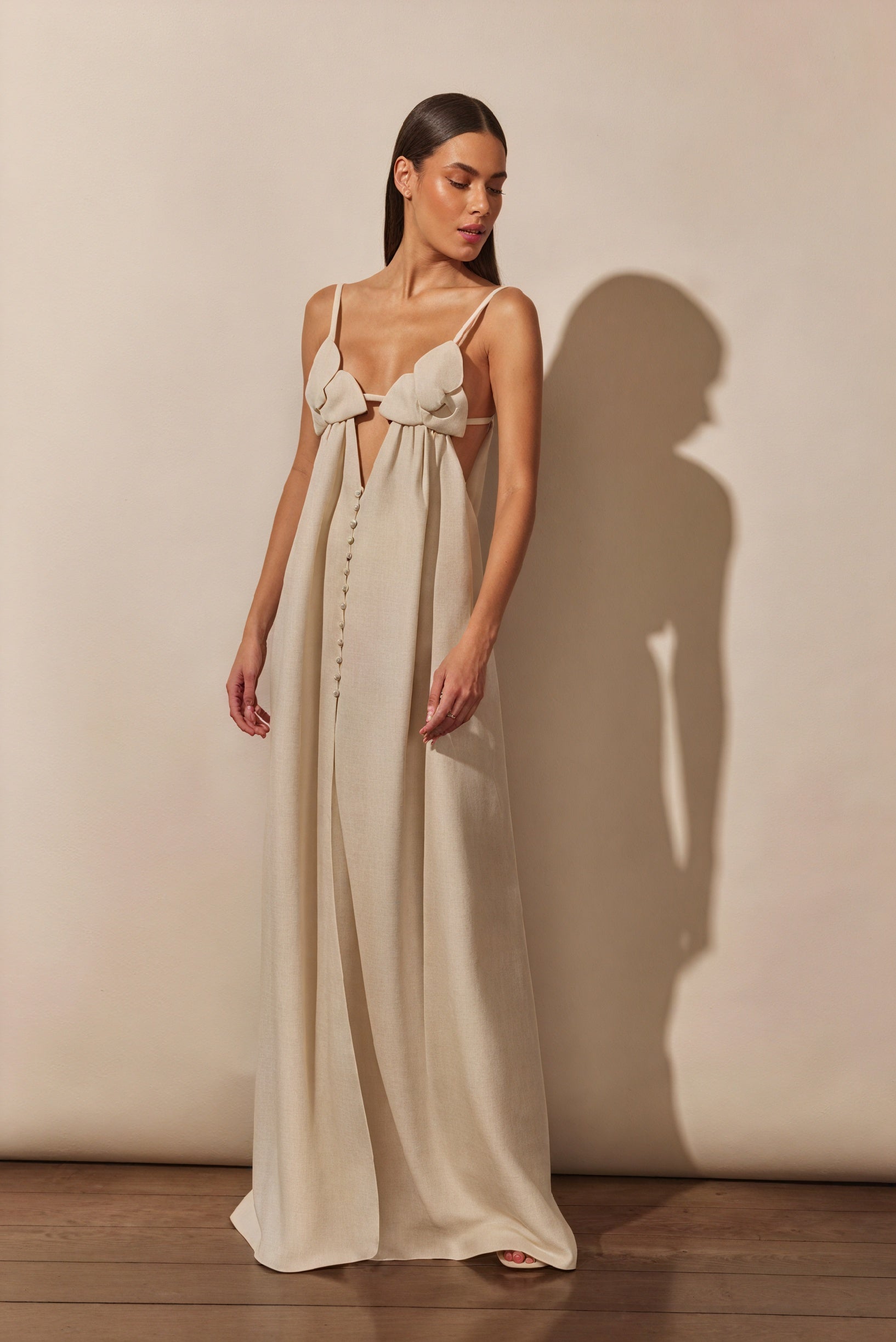 Women's Off-White Linen Blend Maxi Dress – Floral Bust, Keyhole, High Slit, Bohemian-81009-79453040-a5de-49ad-abb8-7f9752d67d97