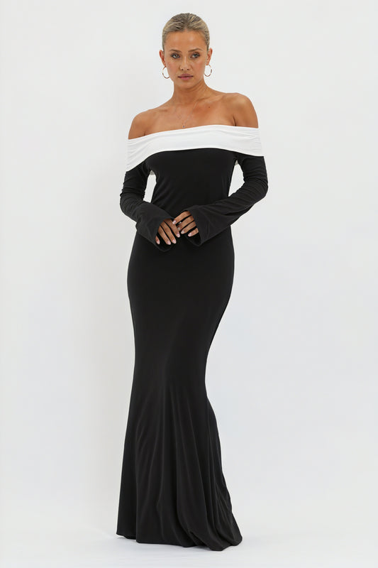 Women's Black White Off-Shoulder Flared Sleeve Floor-Length Evening Dress-81010-ea362126-1036-4cac-906f-0383dc7459fc