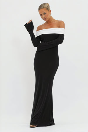 Women's Black White Off-Shoulder Flared Sleeve Floor-Length Evening Dress-81010-ee806ef0-c3af-49ee-bf69-2c56cce2b40b