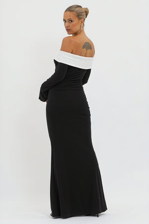 Women's Black White Off-Shoulder Flared Sleeve Floor-Length Evening Dress-81010-804b0a1e-6a1f-48af-b729-13efb08c774e