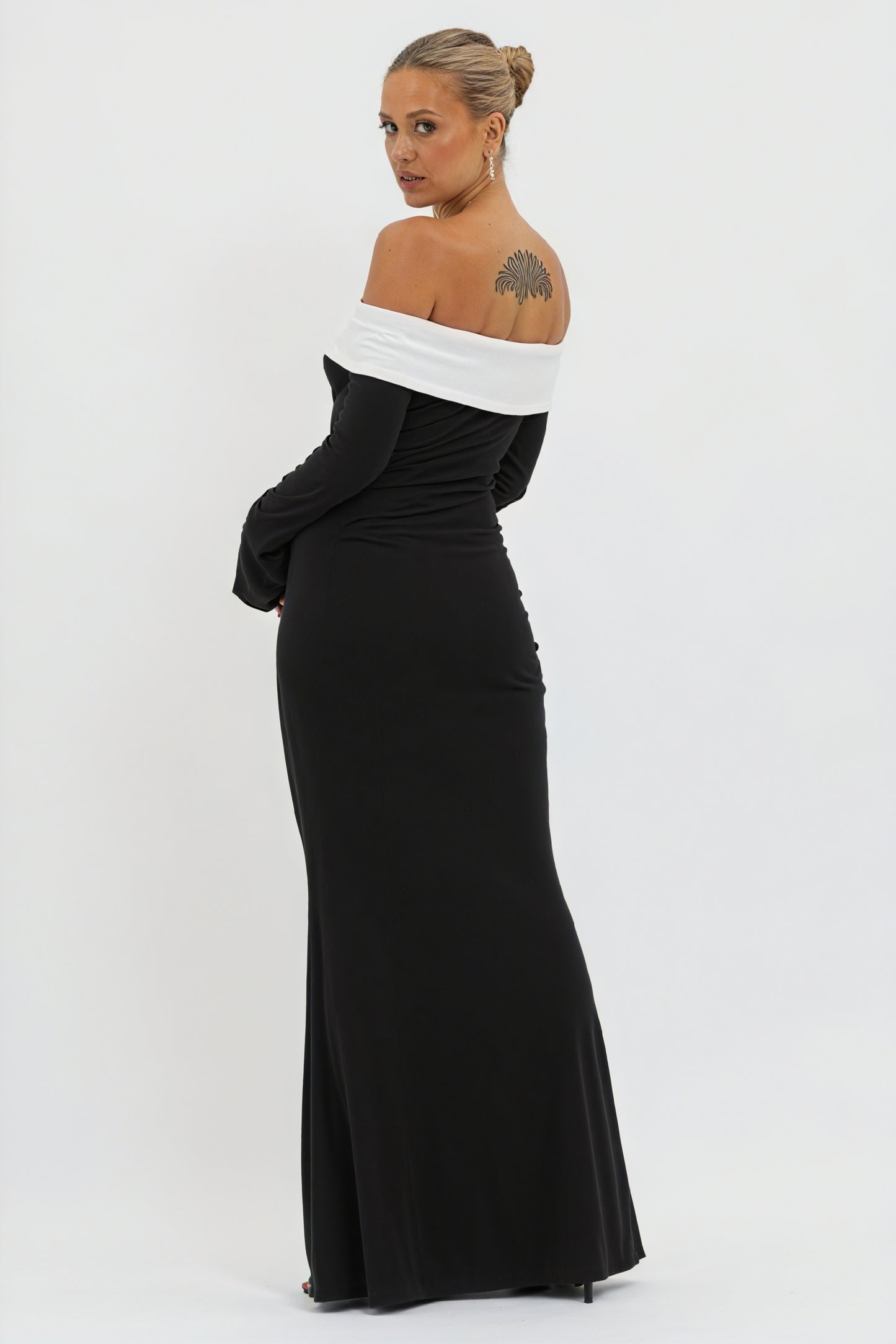 Women's Black White Off-Shoulder Flared Sleeve Floor-Length Evening Dress-81010-804b0a1e-6a1f-48af-b729-13efb08c774e