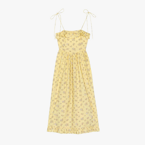 Women's Yellow Floral Cotton Midi Dress – Ruffled Trim, Spaghetti Strap-81012-bafc7aad-2e83-4ae0-bc8d-fcd07ab0e8a7
