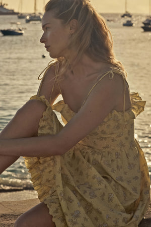 Women's Yellow Floral Cotton Midi Dress – Ruffled Trim, Spaghetti Strap-81012-34492c02-94fa-4be4-ba48-14b48fcedc43