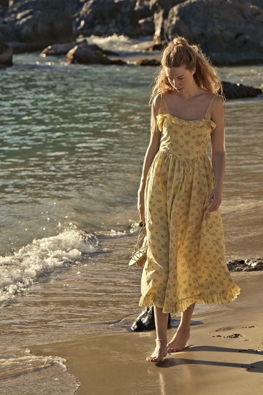 Women's Yellow Floral Cotton Midi Dress – Ruffled Trim, Spaghetti Strap-81012-a80d15ff-7a83-4ebf-aa53-4df08e7d0433
