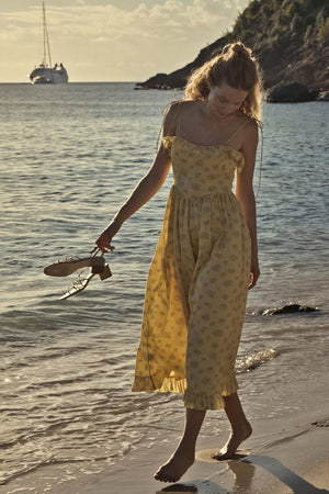 Women's Yellow Floral Cotton Midi Dress – Ruffled Trim, Spaghetti Strap-81012-6186026b-35ec-49b8-9a0d-c0f1030b4a64