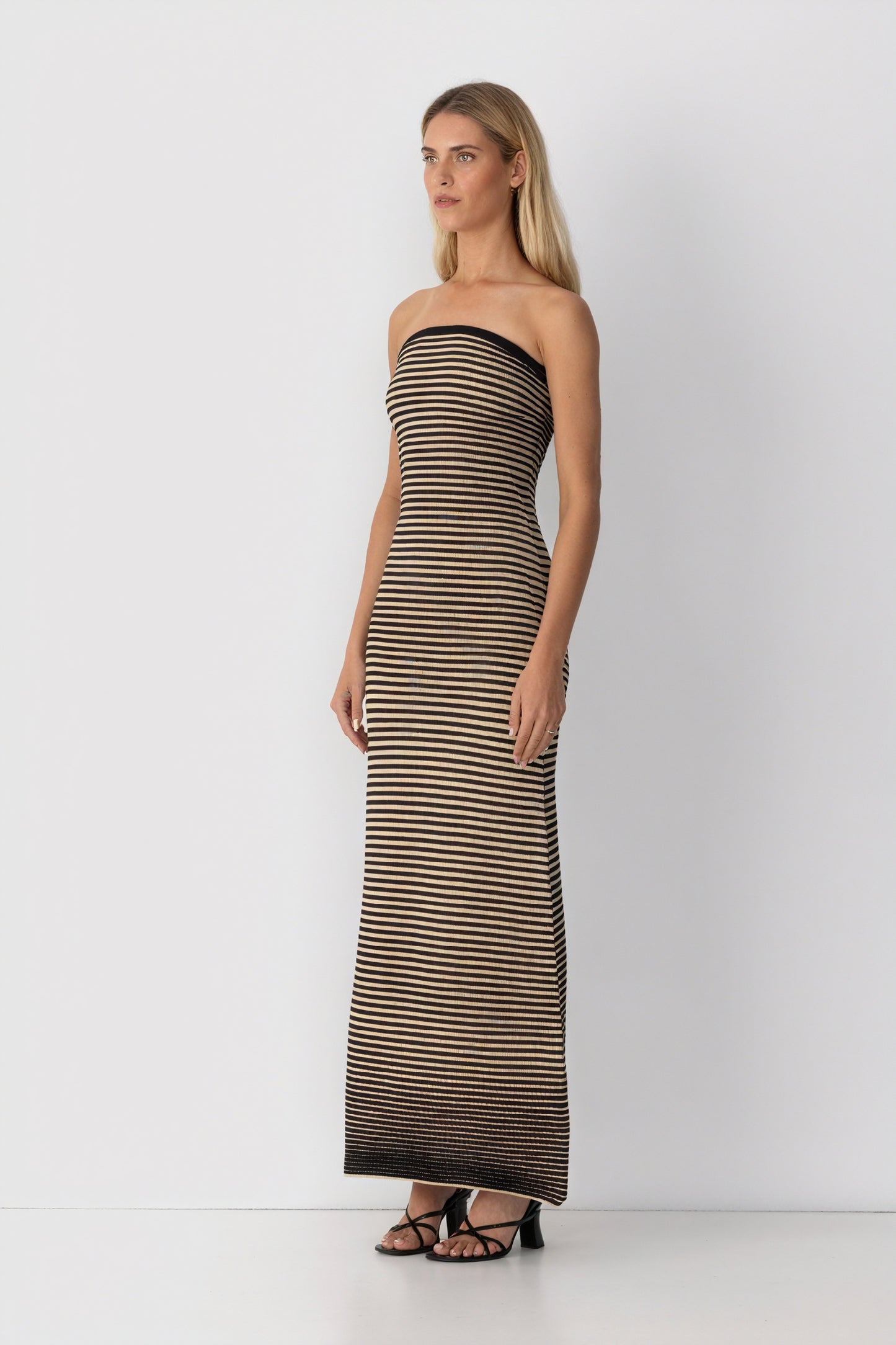 Women's Strapless Ribbed Knit Midi Dress, Horizontal Striped Pattern-81016-14d2fcb6-dde6-4d97-a6fa-cd20f93a1771