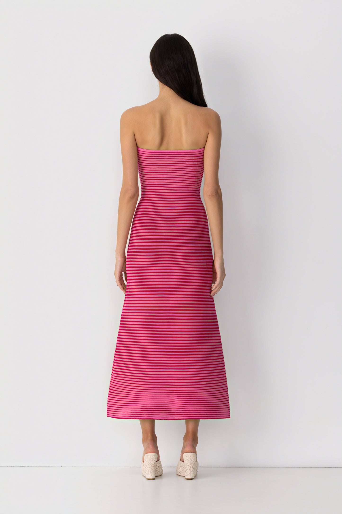 Women's Strapless Ribbed Knit Midi Dress, Horizontal Striped Pattern-81016-ccdcd466-fb79-48a1-b11c-408f1680d34b