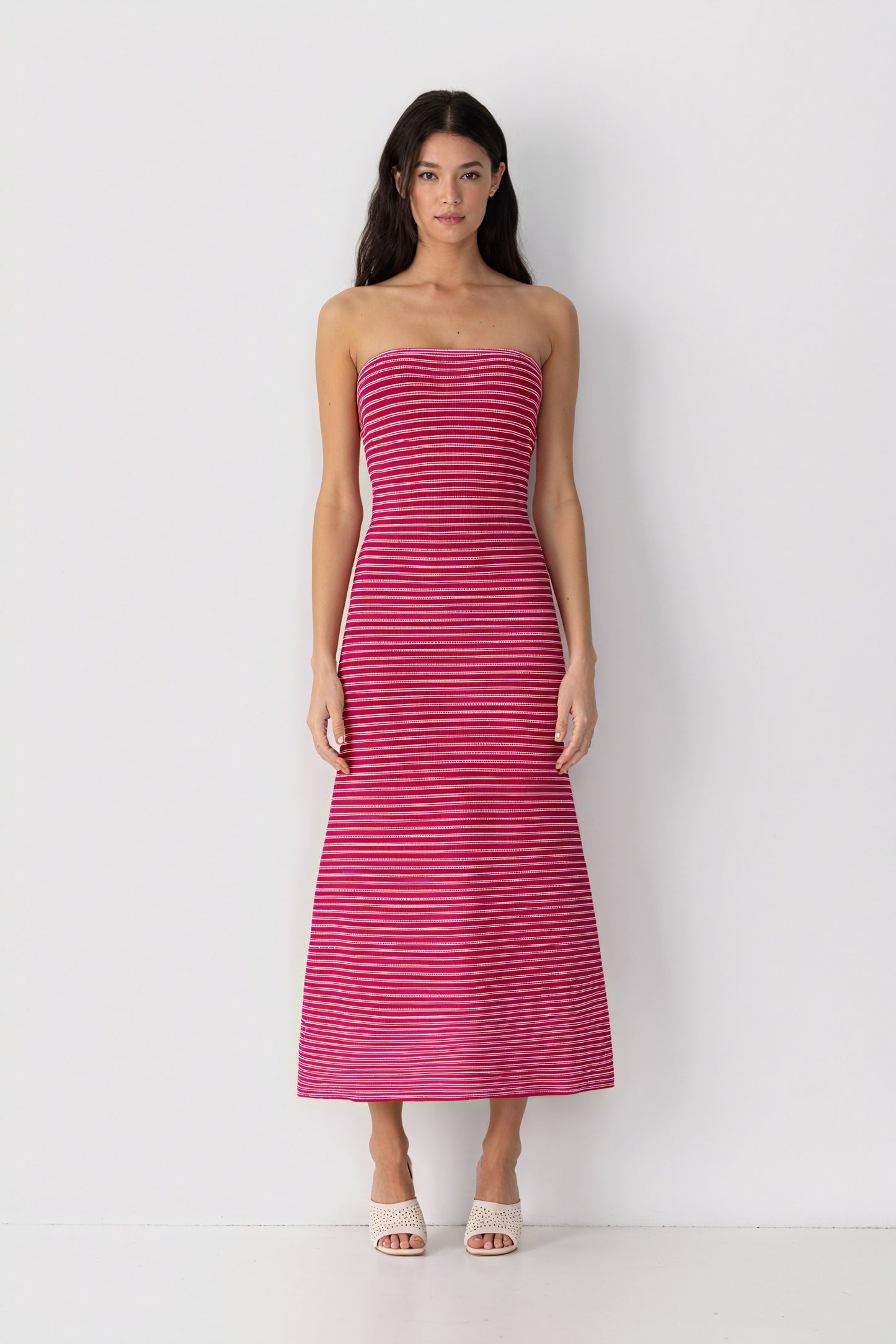 Women's Strapless Ribbed Knit Midi Dress, Horizontal Striped Pattern-81016-5b4aefc8-32c8-4aa0-962b-f7cec7de9cfe