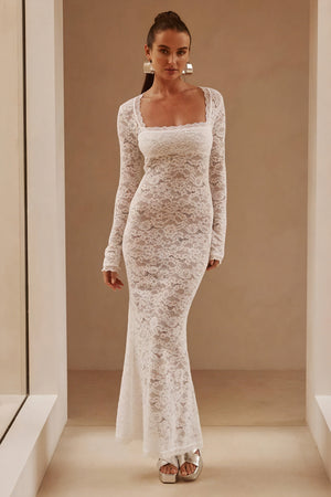 Women's White Lace Maxi Dress – Square Neck, Long Sleeve, Fitted-81023-5b890adf-0a56-47d7-8d7b-8c725e2c17f0