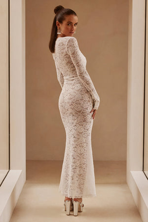 Women's White Lace Maxi Dress – Square Neck, Long Sleeve, Fitted-81023-2eaefb08-c64f-4d2b-914c-979a4e123d99