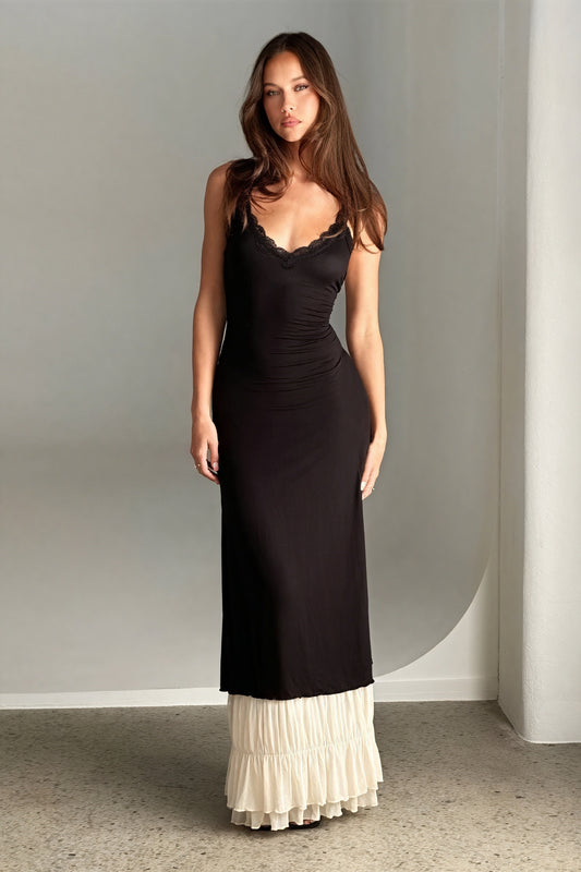 Women's Maxi Dress – Black Bodice, Cream Layered Skirt, Lace Trim, Spaghetti Straps-81026-e0331802-5afe-4c8b-a39b-f131560a291d