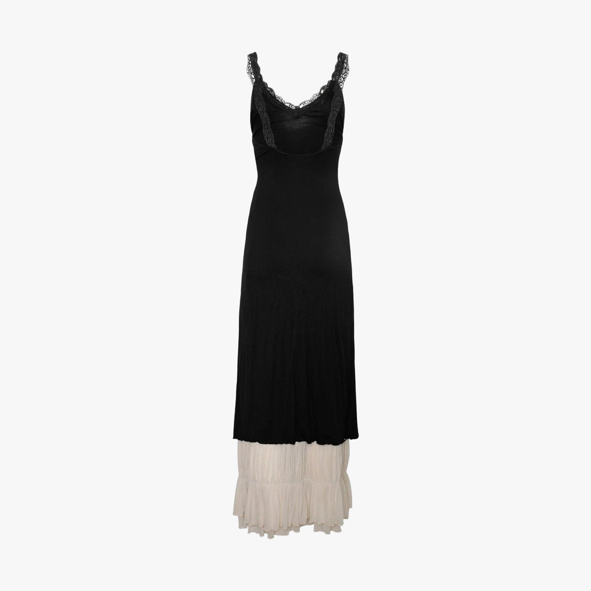 Women's Maxi Dress – Black Bodice, Cream Layered Skirt, Lace Trim, Spaghetti Straps-81026-45375c61-157b-4c21-9310-e18687a4f5bb