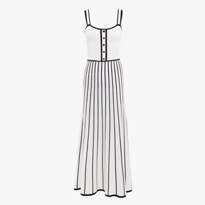 Women's Off-White Midi Dress – Square Neckline, Button Bodice, Striped A-Line Skirt-81027-d683cab6-5eba-4c0f-9374-cd6f57c56148