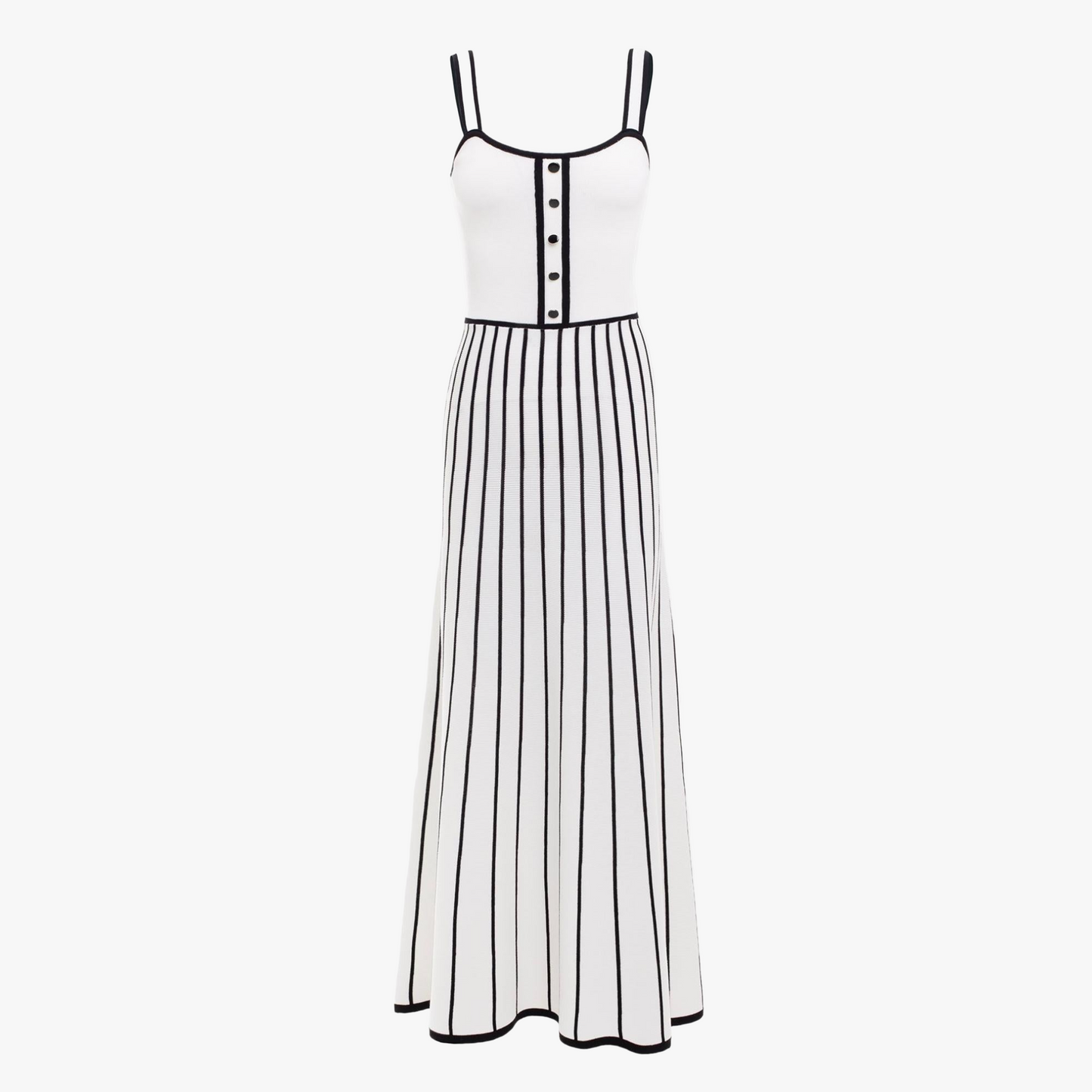 Women's Off-White Midi Dress – Square Neckline, Button Bodice, Striped A-Line Skirt-81027-d683cab6-5eba-4c0f-9374-cd6f57c56148