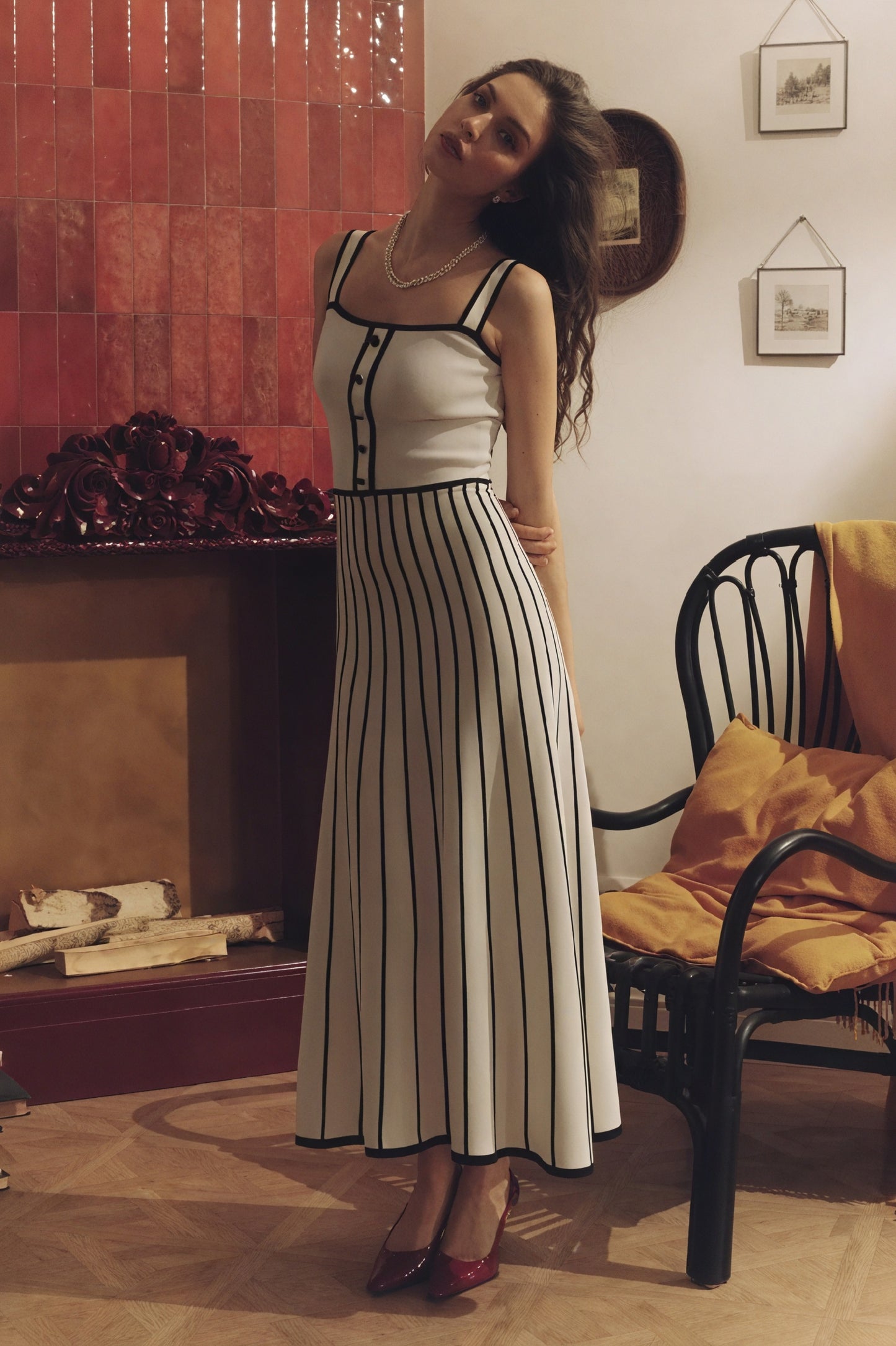 Women's Off-White Midi Dress – Square Neckline, Button Bodice, Striped A-Line Skirt-81027-dcef8801-c203-4c05-a48c-a1d3e6c27886