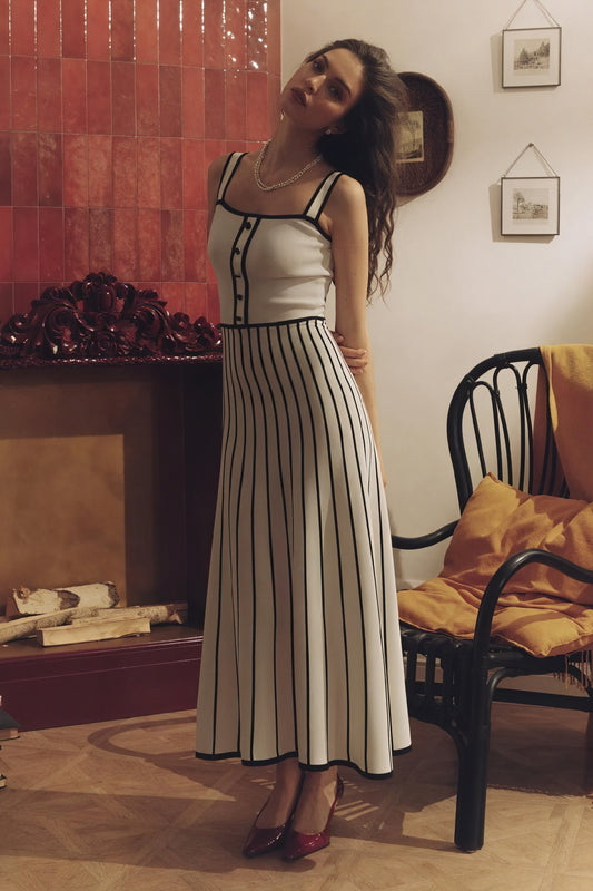 Women's Off-White Midi Dress – Square Neckline, Button Bodice, Striped A-Line Skirt-81027-dcef8801-c203-4c05-a48c-a1d3e6c27886