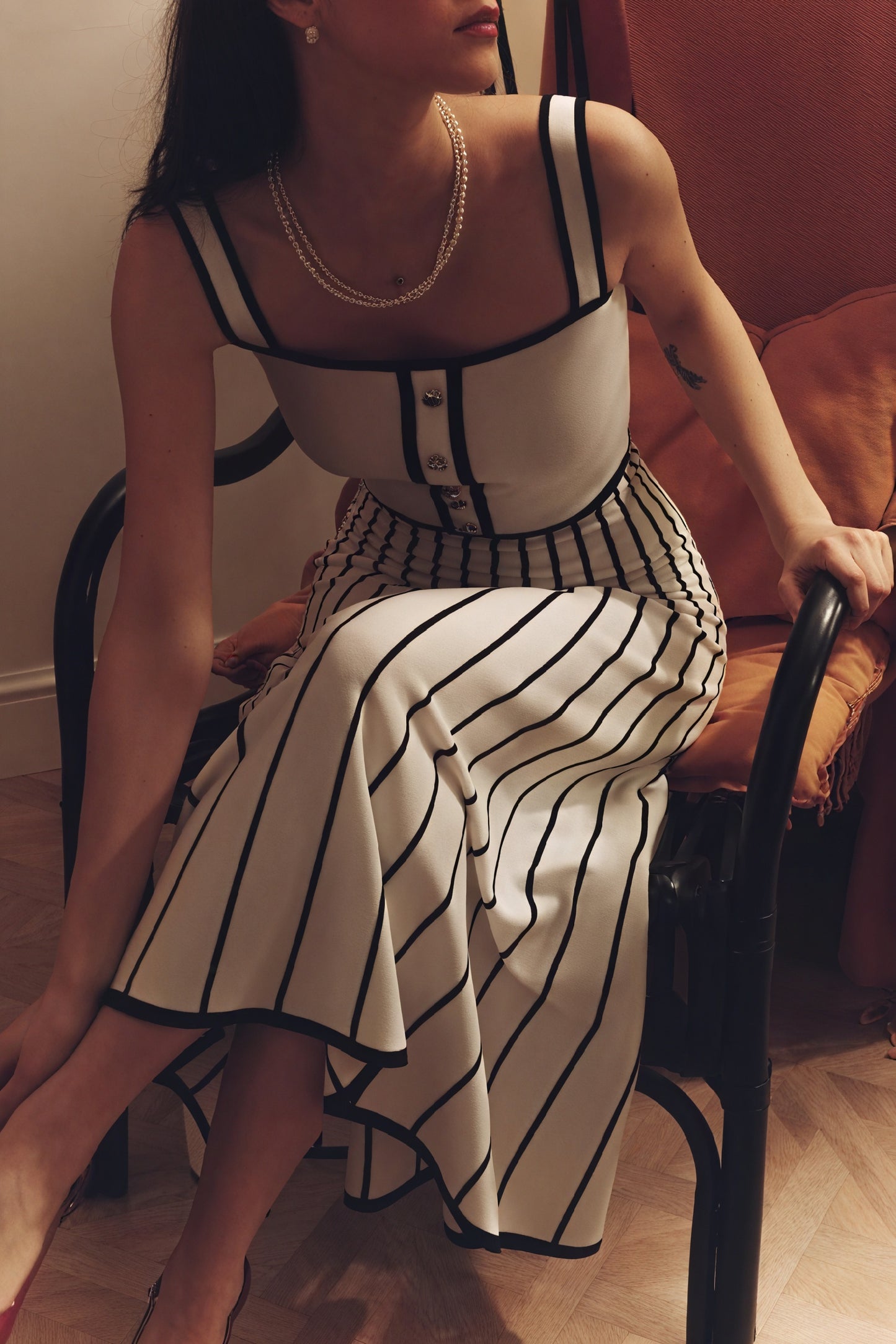 Women's Off-White Midi Dress – Square Neckline, Button Bodice, Striped A-Line Skirt-81027-2bf03254-2beb-416f-a0ea-deb62580281a