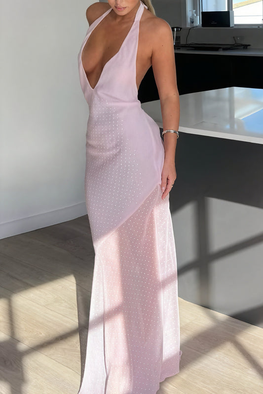 Women's Halter Maxi Dress – Plunging V-Neck, Open Back, Floor-Length-81108-8daf4e3a-51ae-4307-b50e-51daea507173