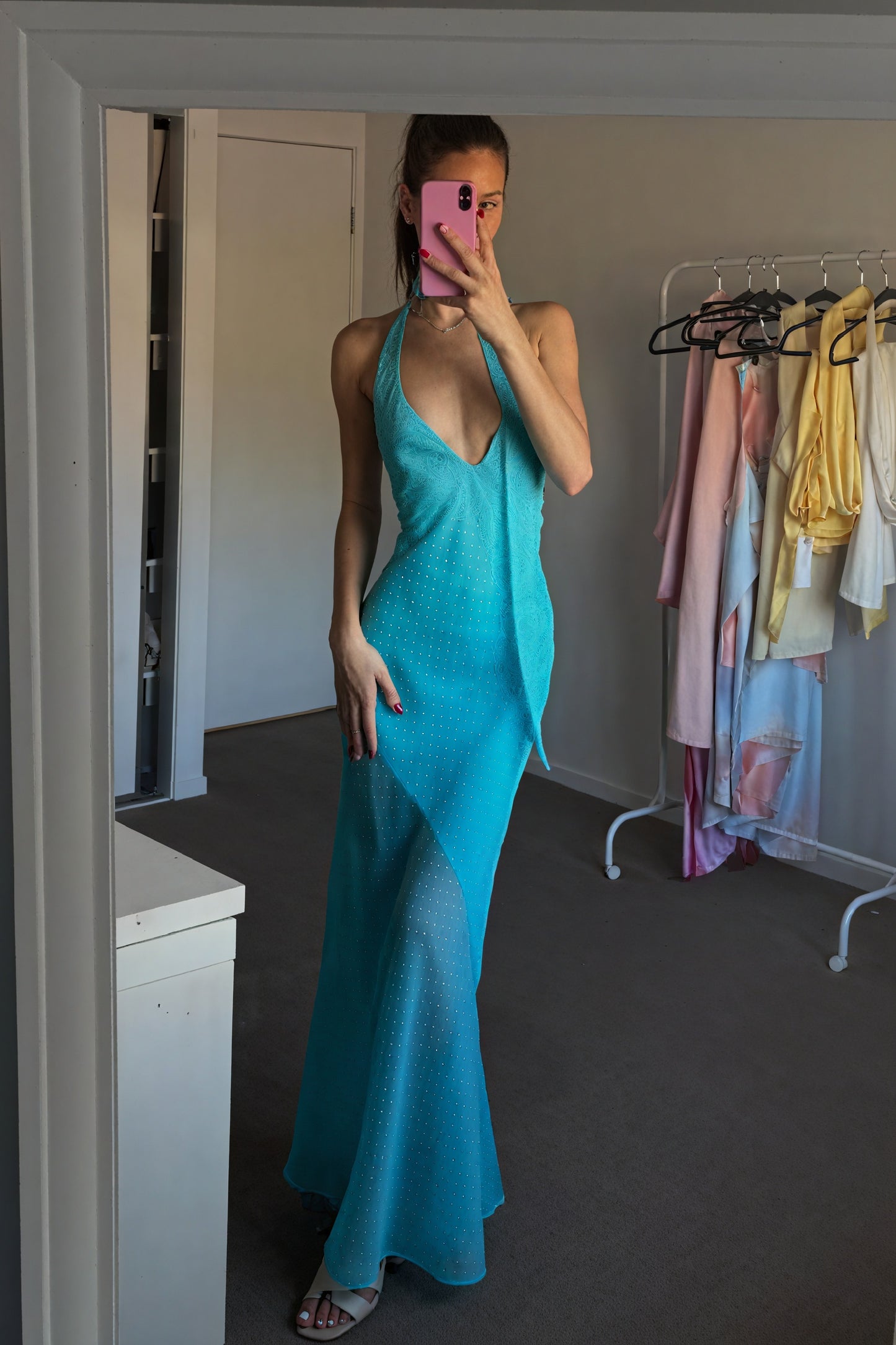 Women's Halter Maxi Dress – Plunging V-Neck, Open Back, Floor-Length-81108-1963e3d6-6b53-4644-8ab8-6e7890686613