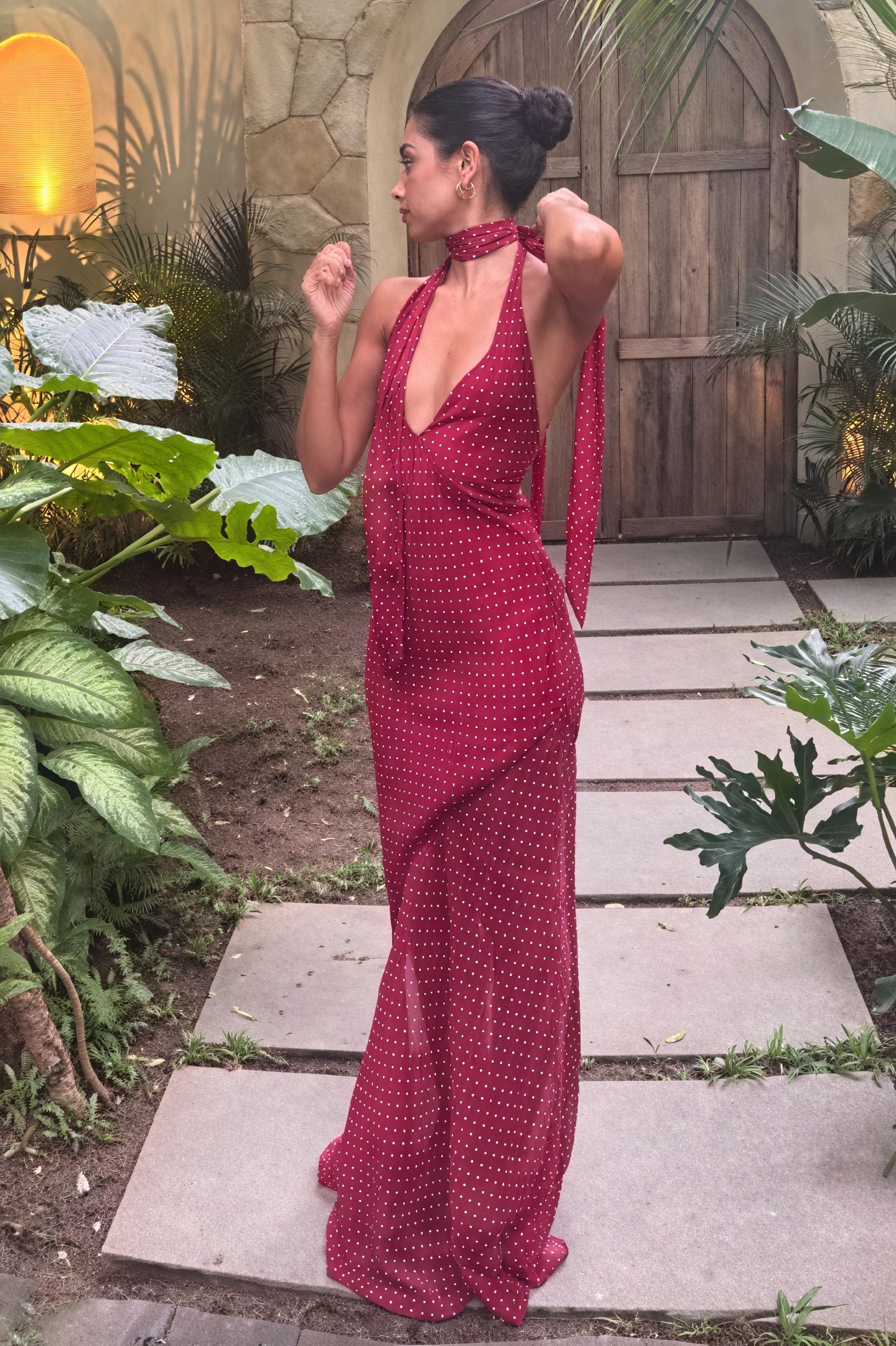Women's Halter Maxi Dress – Plunging V-Neck, Open Back, Floor-Length-81108-4ac00475-a0da-4b2b-97ee-4401721261f0